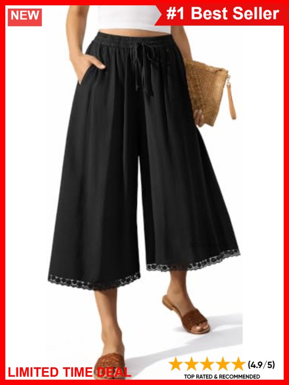 Linen Wide Leg Capri Pants with Pockets Casual Drawstring